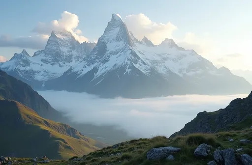 Prompt: Majestic snow-capped peaks rise dramatically against a tranquil sky, their jagged outlines softened by wisps of clouds and a gentle mist that blankets the lower valleys. The mountains are enveloped in a serene atmosphere, where subtle hues of green grass transition into the rocky terrain, giving way to the crisp white snow clinging to the higher elevations. As the sunlight casts a warm glow across the scene, it enhances the rich textures and contours of the landscape, evoking a sense of peaceful isolation. The time of day hints at early morning or late afternoon, with a soft light that adds to the dreamlike quality of the environment, inviting viewers to lose themselves in the beauty of nature’s grandeur. Overall, this image conveys a mood of tranquility and awe, celebrating the sublime power of the mountains in a serene wilderness.