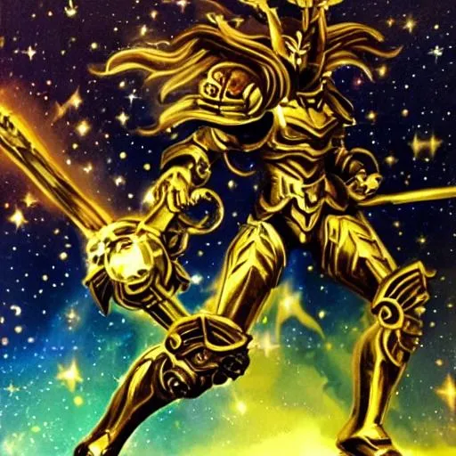 Prompt: golden celestial knight fighting the dark abyss in cosmic space