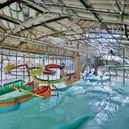 Prompt: Abandoned indoor water park 