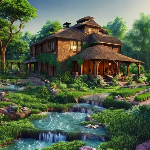 Prompt: Nature Background with greenery, Flowing Water in Somewhere, A Beautiful Farm House, Highly Detailed, Hyper Realistic, Highest Resolution, 8K