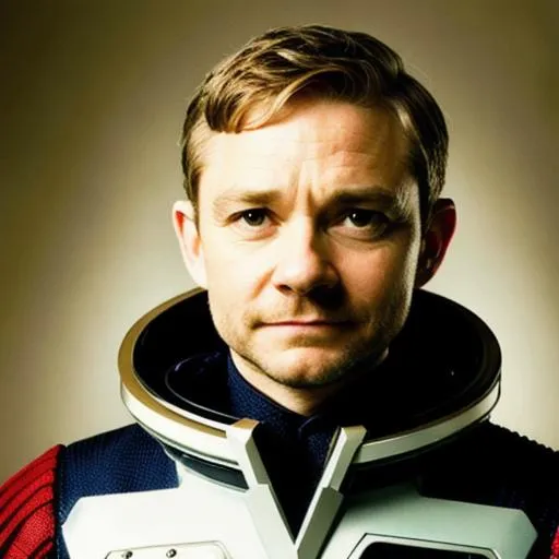 Prompt: Martin Freeman as a sci-fi spaceship captain, with a vintage moustache