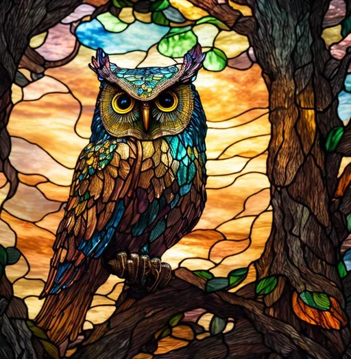 Prompt: highly detailed, intricate, deeply colored stained glass tree and sky, Crepuscular rays of sunset sunlight, Close up detailed stained glass Owl  sitting on a tree branch, Crepuscular rays of sunset sunlight, cinematic, stained glass detailed wavy clouds, stained glass deep color, fantastical, intricate detail, complementary colors, fantasy concept art, 8k resolution, trending on Artstation