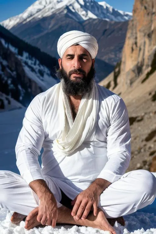 Prompt: portrait of blissful kashmiri yogi, with rugged face, white kameez, snow, kailash mountain, meditating, sitting, closed eyes, arena, perfect composition, hyperrealistic, super detailed, 8k, high quality, trending art, trending on artstation, sharp focus, studio photo, intricate details, highly detailed, by greg rutkowski