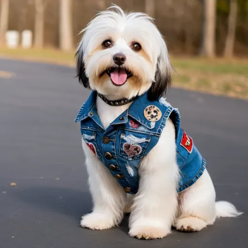 Prompt: Havanese dog wearing a heavy metal music denim vest with patches