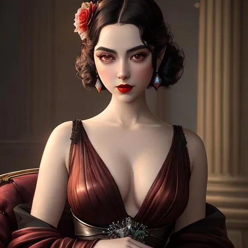 Prompt: Ethereal fantasy image detailed painting by Tim burton and artgerm portrait of a beautiful 1920's high class young aristocrat female with dark brown eyes perfect cherry red lips wearing a very beautiful formal gown,  artgerm, award-winning cgi, blender 