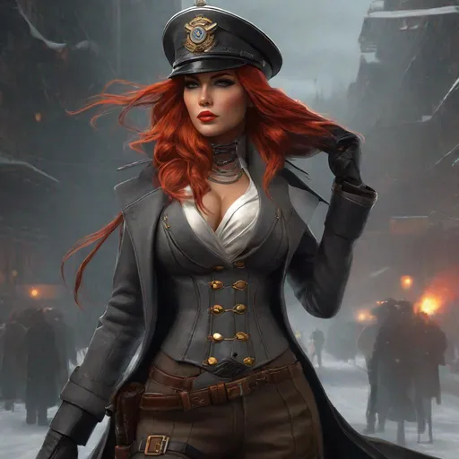 Prompt: award winning game concept art by ((craig mullins) depicting a ((supermodel)) dieselpunk female officer with (long braided red hair), grey wool flight cap, open grey wool greatcoat, ((black leather corset mini dress)), knee high boots, adobe illustration, deviantart, artstation, (cleavage)