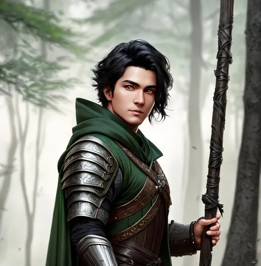 Prompt: Portrait of a male ranger with black hair, holding a wood staff, with gray scale armor and a green cloak, fantasy, intricate, highly detailed, digital painting, trending on artstation, concept art, smooth, sharp focus, illustration art by Stanley Lau and greg rutkowski, unreal engine, 4k