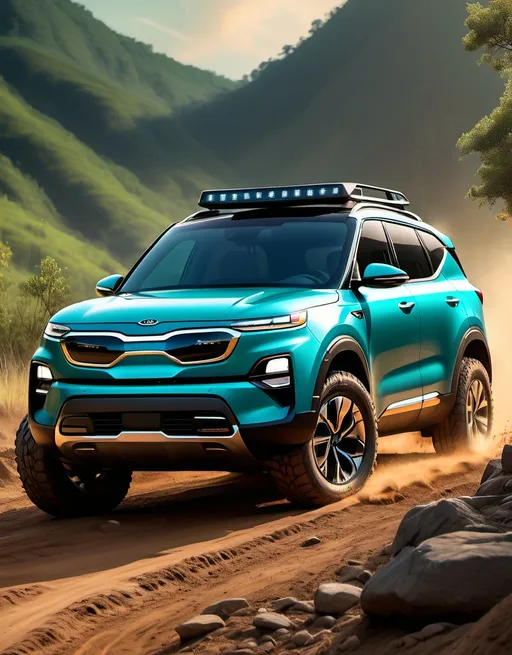 Prompt: (illustrative image of a teal Kia EV9), robust offroad vehicle, spacious interior for eight, rugged exterior with Tesla-inspired elements, dynamic pose highlighting versatility, tires muddy from offroading, background featuring rugged terrain with lush greenery, warm sunlight illuminating the scene, adventurous atmosphere, high detail, ultra-detailed, HD, captivating composition emphasizing strength and capability.