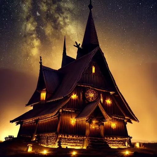 Prompt: Stave Church, wooden, dark, night, lights, old, medieval, stunning, beautiful landscape