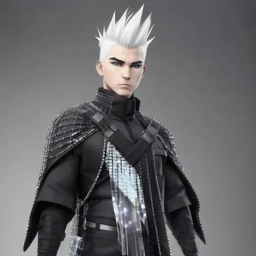 Prompt: JAXER KAZE : Hyper Detailed,  ultra realistic, white hair mohawk male in black tactical tech uniform poncho coat,  IN UNDERGROUND DAZZLING CRYSTAL CITY , 