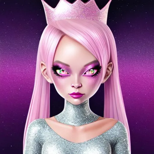 Prompt: Illustration of a fit alien girl, with crown silver dress, pink hair, glitter skin, glitter eyes, HD, Cute