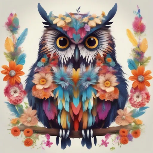 Prompt: a colourful owl with feathers made out of flowers in a painted style