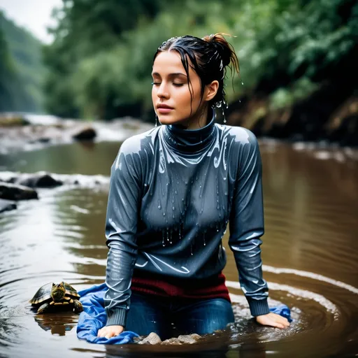 Prompt: photo of young woman, soaking wet clothes, boots, jeans, turtle neck sweater,  , in a deep river,   enjoying, water dripping from clothes, clothes stuck to body,  detailed textures of the wet fabric, wet face, wet plastered hair,  wet, drenched, professional, high-quality details, full body view.