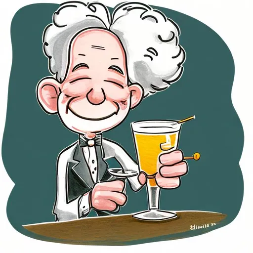 Prompt: A hand drawn picture of a happy small stiff man holding a cocktail, simple lines