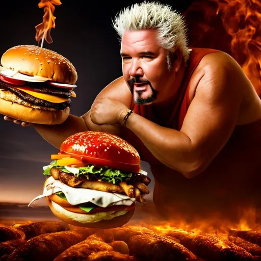 Prompt: guy fieri, sisyphus, pushing burger, hell, 4k, hd, 1080p