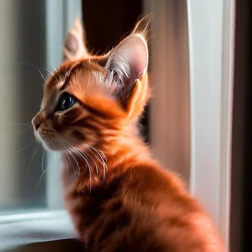 Prompt: red kitten looking out the window 