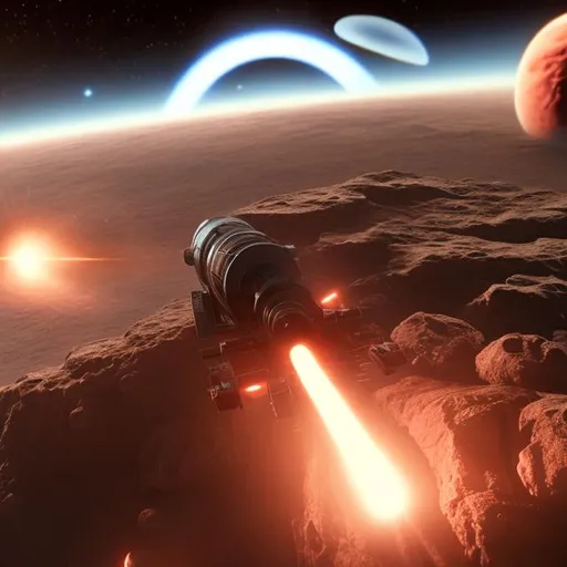 Prompt: orbital laser canon firing on enemy laboratory on Venus from space in 8k and 3 d