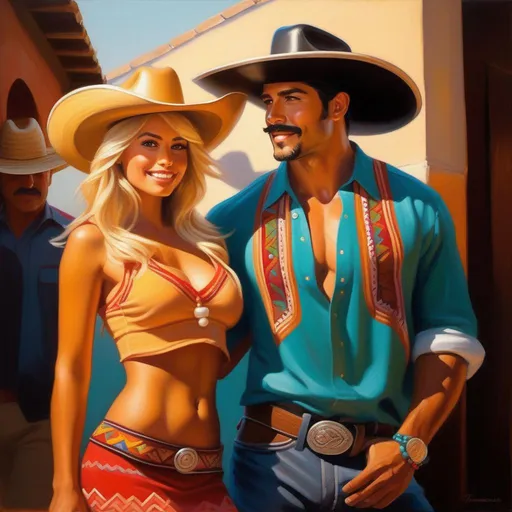 Prompt: Tanned Mexican gigachad wearing a sombrero meets cute blonde American girl, 2050, cartoony style, extremely detailed painting by Greg Rutkowski and by Henry Justice Ford and by Steve Henderson 