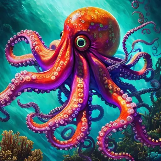 Prompt: Vibrant octopus swimming amid lush coral reefs, underwater oil painting, detailed tentacles, 4k ultra-detailed, realistic, vibrant color palette, dynamic lighting, marine life, underwater, oceanic, coral, detailed textures, professional, vibrant, underwater oil painting