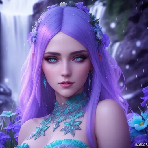 Prompt: a portrait of insane beautifull young european woman in fantasy garden, raining, snow partilces,turquoise eyes with circle iris, smile, love death & robots style, waterfall in the background,  octane render, Unreal Engine 5, Cinematic, Color Grading, portrait Photography, Bokeh, Ultra-Wide Angle, Depth of Field, hyper-detailed, insane details, Photoshoot, Shot on 70mm lens, Tilt Blur, Shutter Speed 1/1000, F/22And, by aderek, by Pawel Tomczuk 