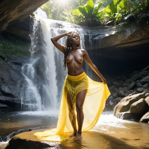 Prompt: A wide tropical waterfall. A skinny beautiful black woman, in a yellow see-through and translucent summer skirt with sunlight shining through the skirt. No top. Mammaries. Front facing. She has long dreadlocks coming down her back. She is facing the camera. See-through skirt. Laying down. Prostate. The sun is visible through her dress between her legs. She is changing her clothes.  She is wet. Water colour style.