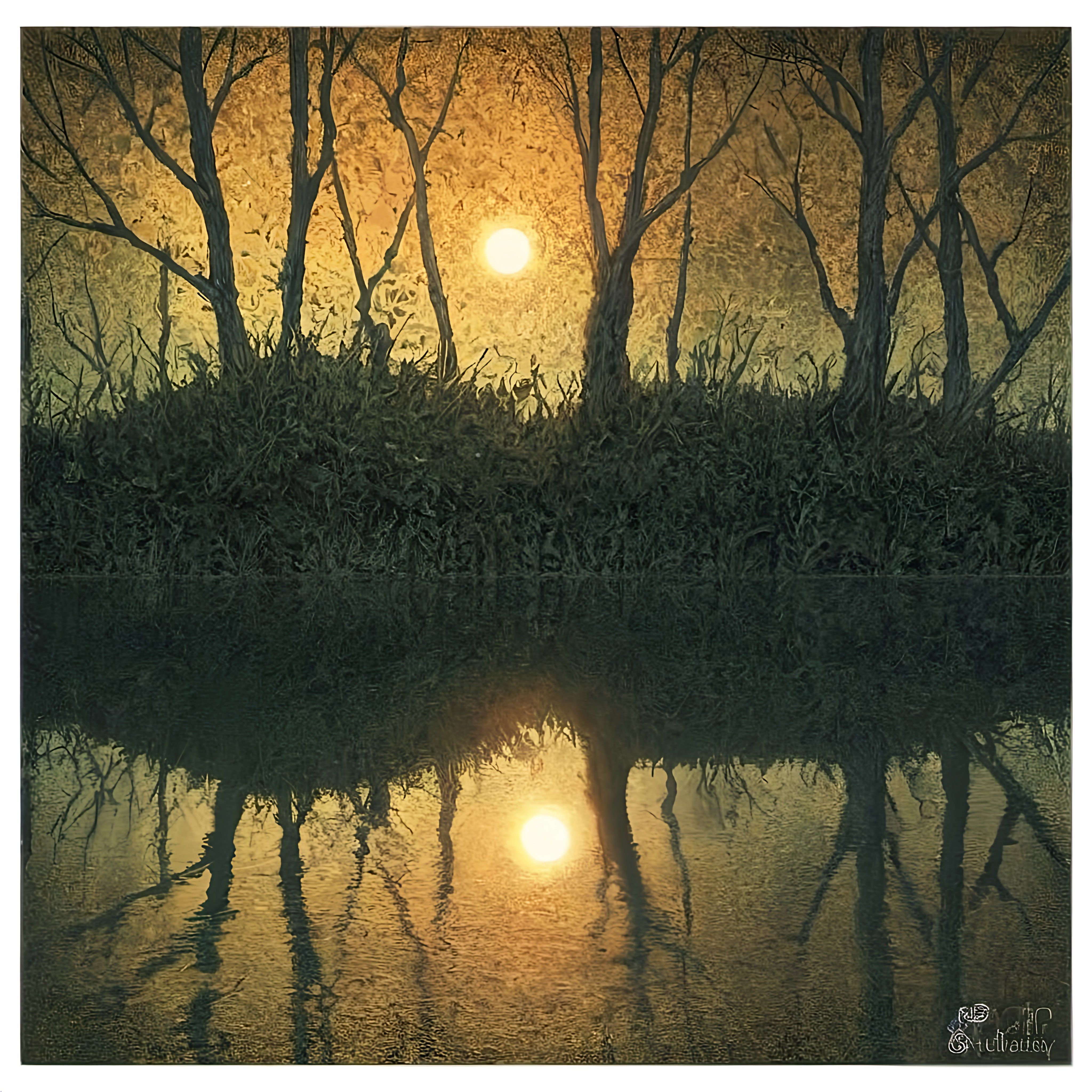 Prompt: a painting of a sunset over a lake with trees reflected in the water and a yellow sun in the distance, magic realism, caustics, an airbrush painting