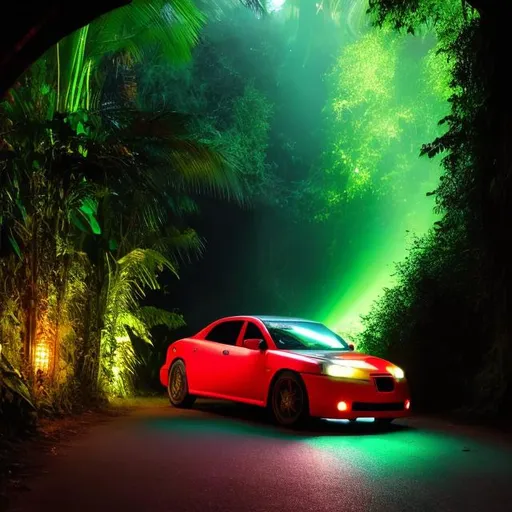 Prompt: Car in jungle head light red green yellow 
