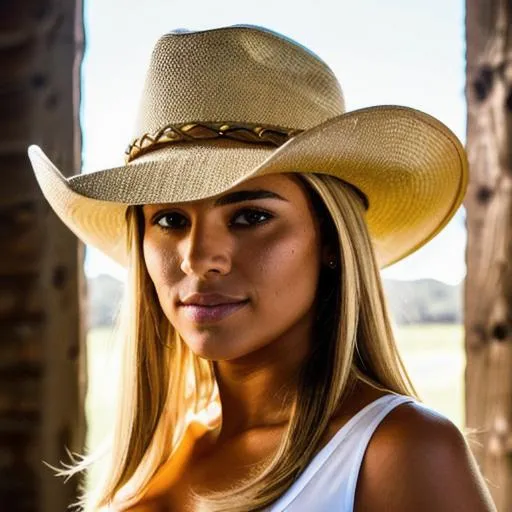 Prompt: Wide angle frame of 
{Full Body portrait} of a Gold hair with white highlights, Dark Tan skin, ((female Cowgirl wearing cowboy Hat posing sexy)) in a barn with ((sharp symmetrical eyes:1.5)), upper body visible, ultra realistic Face, highly detailed, hd, sharp focus, cinematic lighting, mood lighting, realistic, photorealistic, vivid colors, photograph, digital art, non blurry, sharp, artstation, concept art, smooth, illustration