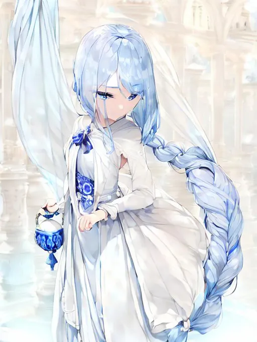 Prompt: 1 girl, highly detailed blue eyes, highly detailed face, innocent looking, regal looking, regal, 8k UHD, young girl, divine, highly detailed blue dress, long sleeved, anime, long dress, fully clothed, fantasy kingdom backdrop, highly detailed back braided silver hair, slight front bangs, scenic view landscape, magical feel, aerial view, idyllic, overhead shot, determined