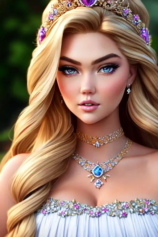 Prompt: a realistic feminine elegant princess Rapunzel, HD, mix of Kate Upton and Gigi Hadid, Diamond face, dress