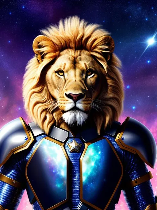 Prompt: Hyperdetailed portrait of a Lion character wearing futuristic star-forged niobium cobalt armor, galaxy magic atmosphere