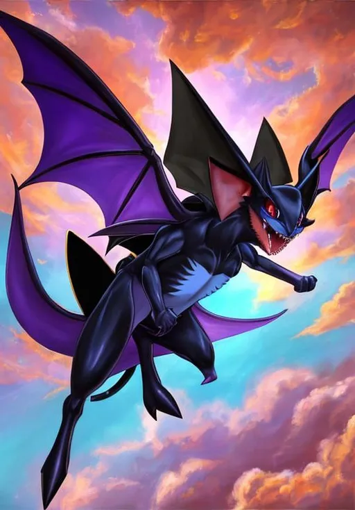 Prompt: UHD, , 8k,  oil painting, Anime,  Very detailed, zoomed out view of character, HD, High Quality, Anime, , Pokemon, multiple Zubat, Zubat is a small blue, chiropteran Pokémon. While it lacks eyes, it has pointed ears with purple insides and a mouth with two sharp teeth on each jaw.  It has purple wing membranes supported by two, elongated fingers, and two long, thin tails.

Zubat lives in abundance in dark caves, although it has also been known to dwell in forests and under the eaves of old buildings. Due to its habitat, Zubat has evolved to have neither eyes nor nostrils. It instead navigates through dark environments and tight caves with echolocation, emitting ultrasonic cries to detect targets and obstacles. The frequency of these cries can vary slightly between Zubat colonies. As demonstrated in the anime, it will leave its abode at night with a mass of other Zubat in order to seek prey. Zubat is nocturnal, and sleeps hanging upside down during the daytime, avoiding sunlight at all costs. Daylight causes Zubat to become unhealthy, and prolonged exposure can even burn its skin. However, captured and trained Zubat have been recorded as being much more tenacious in the daytime, even when directly exposed to sunbeams. While sleeping, or in colder conditions, Zubat gathers with others of its kind for warmth.

Pokémon by Frank Frazetta