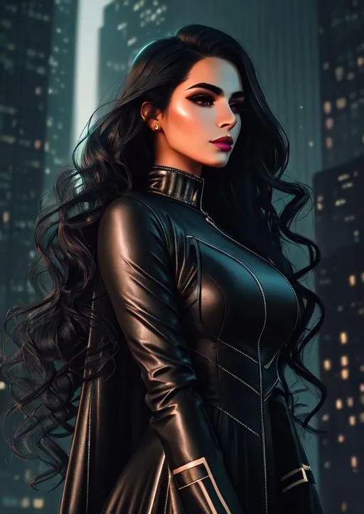 Prompt: Ambient night scenery. City, cybernoir, Sci-fi, dress, dystopian, Mist, smoke. Analog style portrait+ style, Hyperealistic 8k shot, high-resolution, Up-close focus, Highly detailed face, UHD, HD, 8k. Portrait of woman with long wavy black hair, gray eyes, full lips, bushy eyebrows, straight nose,  soft features, fair skin, black dress and holds a skull in her hands.  Practical clothes, deep blue, silver and metallic details, stealth