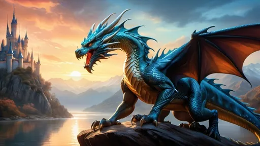 Prompt: Please create an incredibly detailed wide angled view full body, airbrushed painting in style of Boris Vallejo of a single dragon. Detailed scales, (masterpiece), 8k, epic, cinematic lighting, cinematic shot, illustration, vibrant, extremely detailed, detailed eyes, reflective eyes, illuminated by the sunlight, depth of field, godrays, volumetric fog and lighting, castle near horizon, antlers, photorealistic, (reflective wet scales:1.1), colorful scales,), beautiful scales,