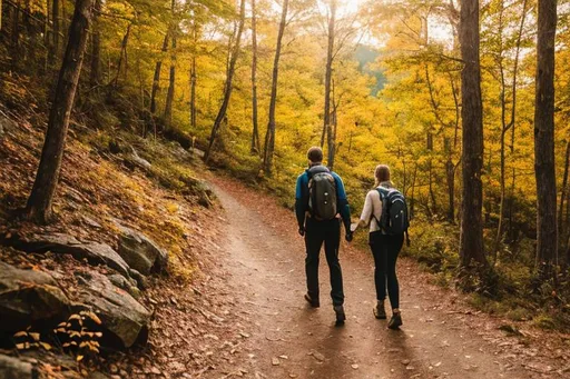 Prompt: Photo of a man and woman hiking along the blue ridge mountains, at sunset, crepuscular lighting, holding hands, wearing backpacks, autumn leaves, detailed but dreamy, iphone photography 