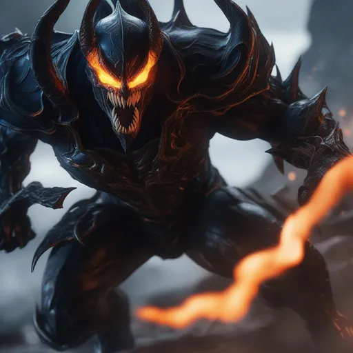 Prompt: a death knight with a Venom mouth (Venom movie), with horns forward on his forehead, orange fire eyes, fighting against demons, Hyperrealistic, sharp focus, Professional, UHD, HDR, 8K, Render, electronic, dramatic, vivid, pressure, stress, nervous vibe, loud, tension, traumatic, dark, cataclysmic, violent, fighting, Epic