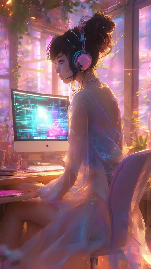 Prompt: Anime girl, woman in a flowing  dress, sitting at a stylish chair in a cozy digital workspace, wearing large headphones, vibrant computer graphics elements around, colorful pastel aesthetics, captivating expressions, high-resolution, ultra-detailed, anime-inspired decor, virtual atmosphere, gentle lighting, whimsical vibe, emphasis on tech and art creativity, perfect for modern digital themes.