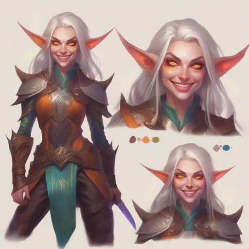 Prompt: d&d eladrin arcane trickster, mad toothy grin, heroic, brightly glowing eyes, badass, magic AF, colorful, chaotic, dangerous, hi res, lucky, femme, leather armor, gorgeous, long elf ears, unhinged