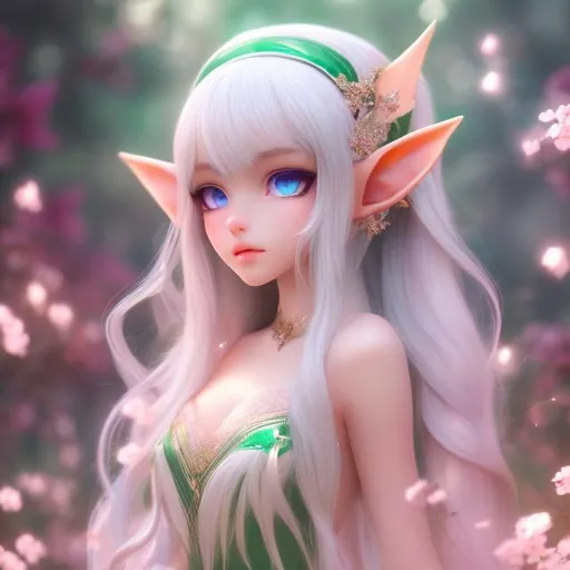 Prompt: (masterpiece, best quality:1.2), illustration, absurdres, highres, extremely detailed, 1 elf girl, white long hair, green eyes, eye highlights, white dress, 
 chromatic aberration abuse, pastel color, Depth of field