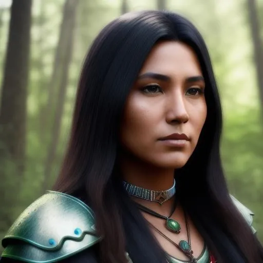 Prompt: Native american woman, tainted, forest, leather armor, animals, spirit, ghost, photorealistic, 8k