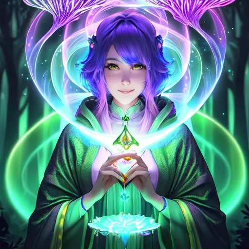 Prompt: ultra-detailed abstract photography portrait of slender attractive kind female druid in bioluminescent mushroom forest, short rainbow hair, green clergy robes, warm smile, glowing magic effects from hands, dynamic magical pose,