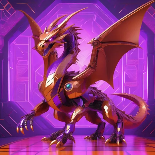 Prompt: Fantasy art of a huge copper robotic dragon with glowing eyes in a bright purple geometric room 