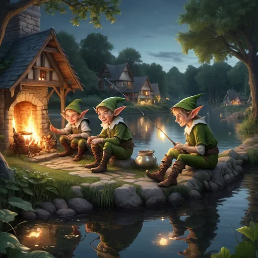 Prompt: Realistic illustration of elfs and goblins fishing by the riverside midnight, fireplace, foods,serene and tranquil atmosphere, realistic style, detailed facial features, natural lighting, soft color tones, riverside setting, elfs, goblins, fishing, detailed characters, realistic rendering, nature, peaceful, tranquil, lush greenery, detailed facial features, natural lighting