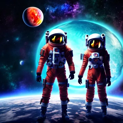 Prompt: anime guy and girl in a spacesuit, against the backdrop of the universe of nebulae and planets, (4k), 