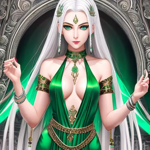 Prompt: young woman, slim, snake goddess, beautiful, silver hair, emerald eyes, pale skin, silver snakes around neck, emeralds, full bod