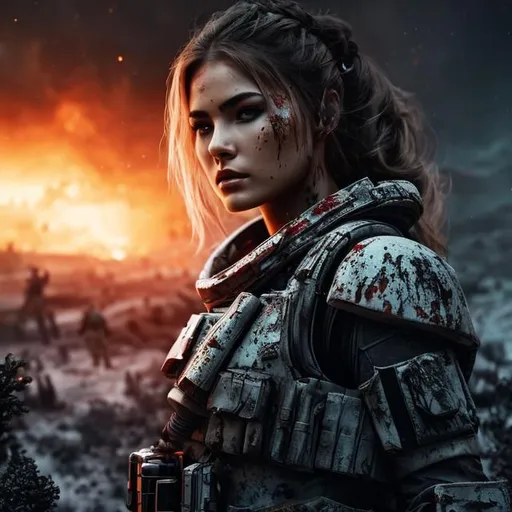 Prompt: create a photograph of beautiful  fictional elite space soldier female who is battle-scarred and covered in blood, extremely detailed environment, war in the background, detailed background, intricate, detailed skin, natural colors , professionally color graded, photorealism, 8k, moody lighting