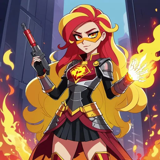 Prompt: cyberpunk equestria girls sunset shimmer wearing a skirt and armor and wielding fire magic