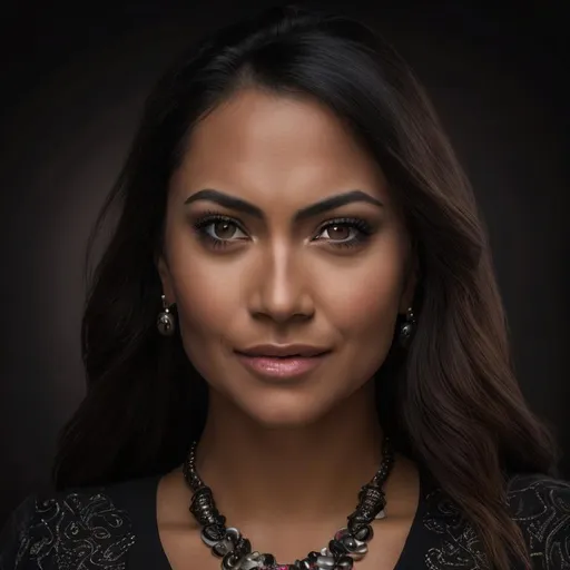 Prompt: photo realistic portrait of an attractive maori female in business dress, body and head, centered in frame facing camera, symmetrical face, ideal human, 85mm lens, f8, photography, ultra details, natural light, plain light background, photo, Studio lighting, body must be facing camera, arms beside body