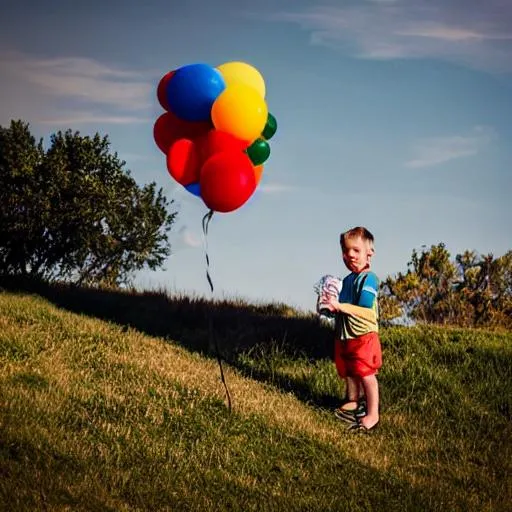 Prompt: Boy on a hill holding a balloon 