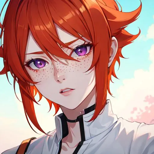 Prompt: Erikku male adult (short ginger hair, freckles, right eye blue left eye purple) UHD, 8K, Highly detailed, insane detail, best quality, high quality, anime style